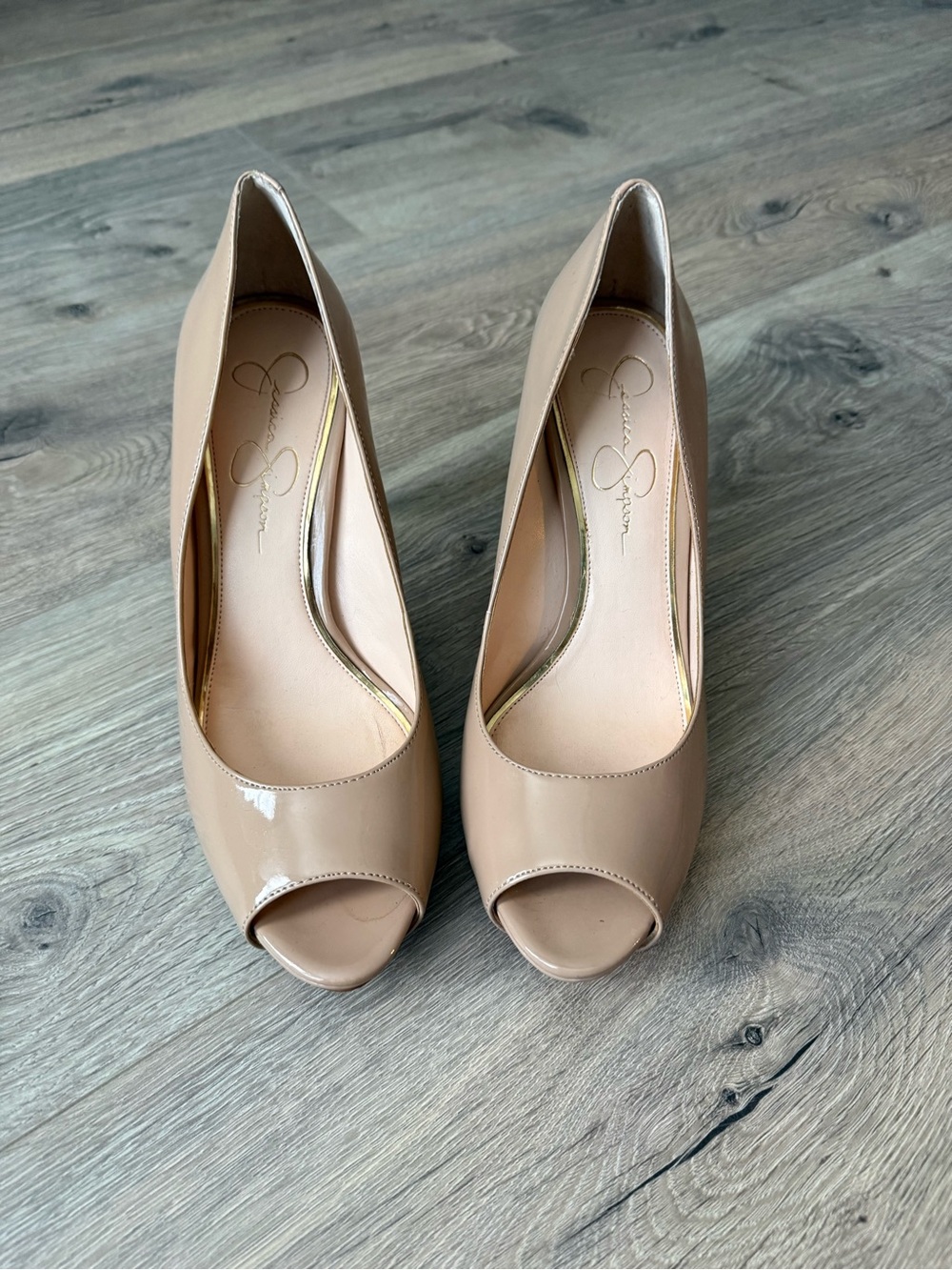 Jessica Simpson Beige Patent Peep-Toe Pumps